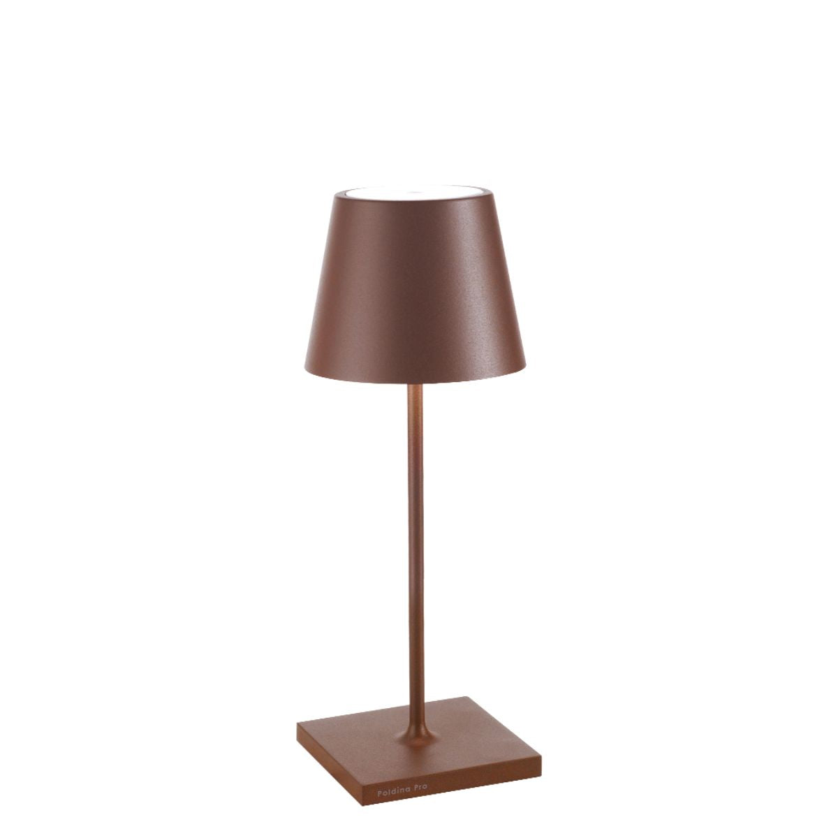 Kompakte Zafferano Poldina Mini Akku-Tischleuchte in rostfarbener Optik, kabellose LED-Lampe aus Aluminium, Touch-Dimmer und variable Lichtfarbe, wetterfest für den Einsatz im Innen- und Aussenbereich