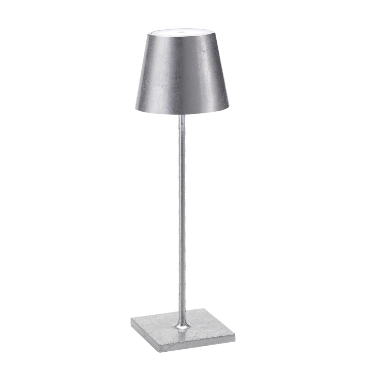 Kabellose Zafferano Poldina Pro Akkuleuchte mit elegantem Blattsilber-Finish, dimmbare Aluminium-Tischlampe mit robustem IP65-Schutz für drinnen und draussen