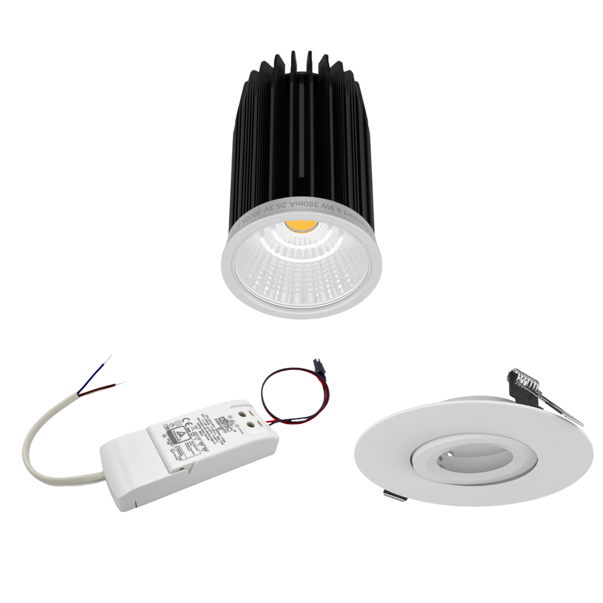 9W LED Spot-Set mit Phasenschnitt-Dimmung, 120mm Einbauring und Spannfeder für Deckenmontage