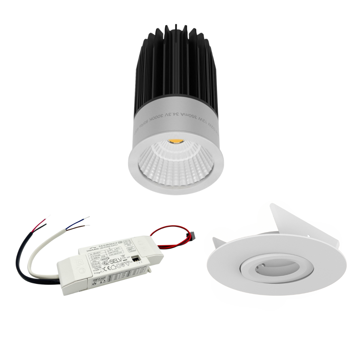 LED Spot-Set mit Dim-to-Warm-Funktion, DALI-Steuerung, 120mm Einbauring mit Blattfedern für Deckenmontage