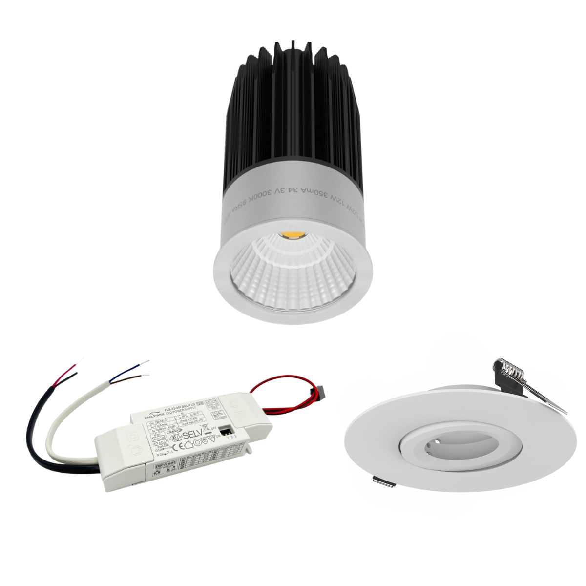 LED Spot-Set mit Dim-to-Warm-Funktion, DALI-Steuerung, 120mm Einbauring und Spannfeder für Deckenmontage