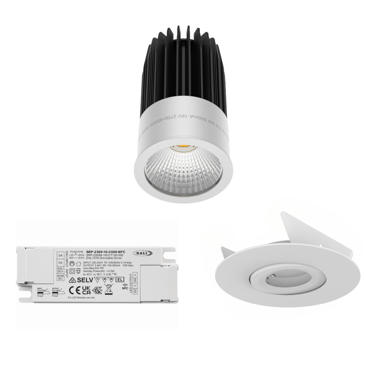 Weisses LED Spot-Set mit Tunable White, 120mm Einbauring mit Blattfedern für Deckenmontage