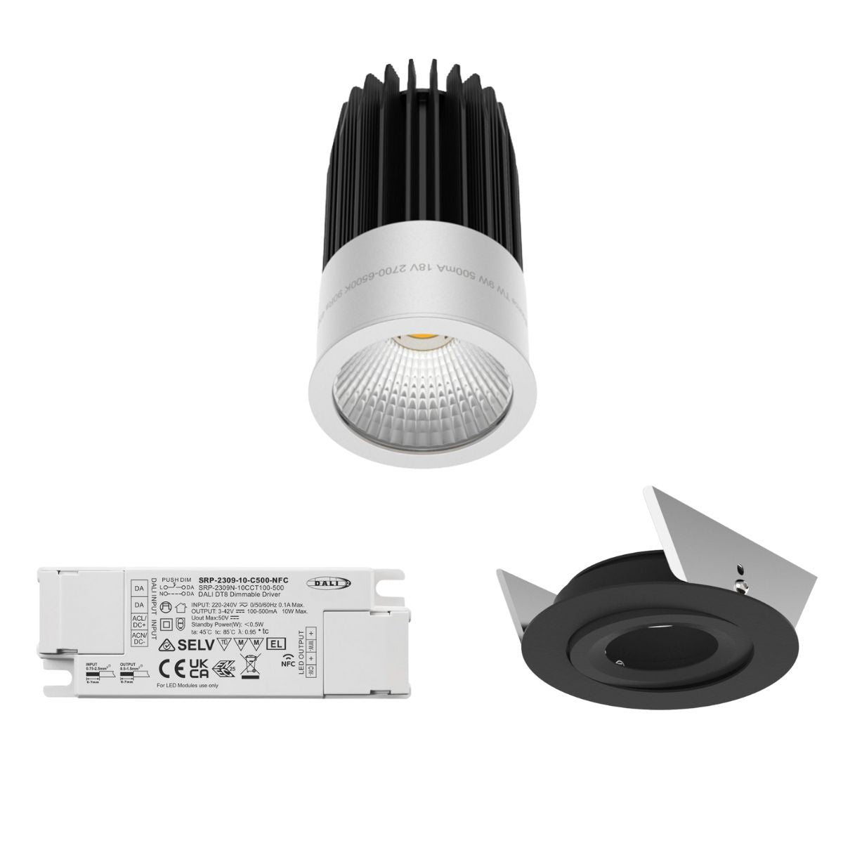 Lichterloh TW Spotset schwarz, 8,9W, Tuneable White 2700K–6500K, DALI dimmbar, CRI >90, 40° Abstrahlwinkel, Einbauring 68/80 mm, flexibles Licht.